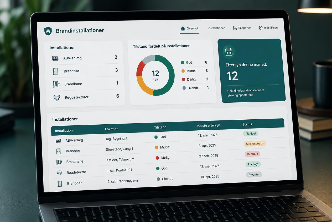 Laptop med NemDKV-brandinstallationer: oversigt over installationer, tilstand og kommende eftersyn
