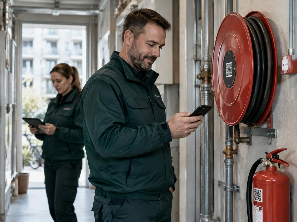 Driftsmedarbejder udfører brandkontrol med NemDKV på mobilen ved en brandslange